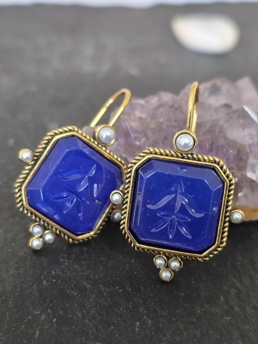 Vintage blue Gem Drop Earrings – Gold Pearl Accent Dangles